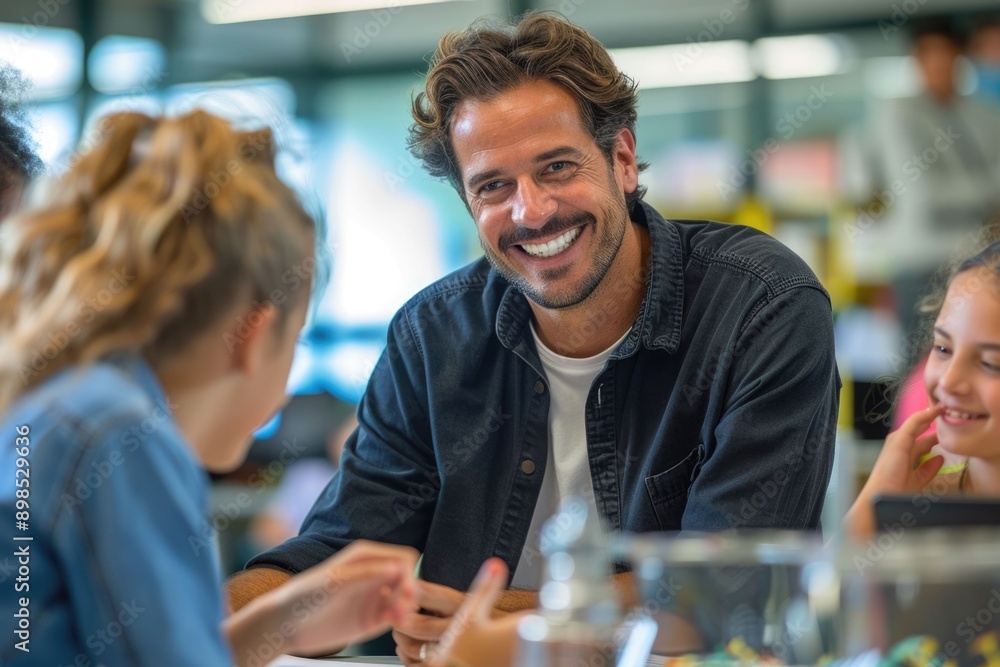 Male lecturer helps teens understand new theme during class. Male lecturer helps teens understand new theme during class.