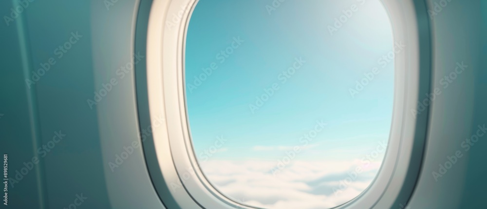 Tranquil Airplane Window View of Clear Blue Sky with Soft Cabin Lighting for Comfortable Flight Experience - Ideal for Tourism and Airline Promotions Tranquil Airplane Window View of Clear Blue Sky with Soft Cabin Lighting for Comfortable Flight Experience - Ideal for Tourism and Airline Promotions