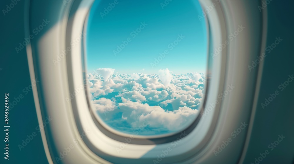 Serene Sky View Modern Airplane Cabin Interior with Soft Lighting, Blue Sky, and White Clouds Serene Sky View Modern Airplane Cabin Interior with Soft Lighting, Blue Sky, and White Clouds