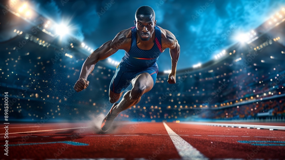 Male Olympic Sprinter Mid-Strides in 100-Meter Race Male Olympic Sprinter Mid-Strides in 100-Meter Race