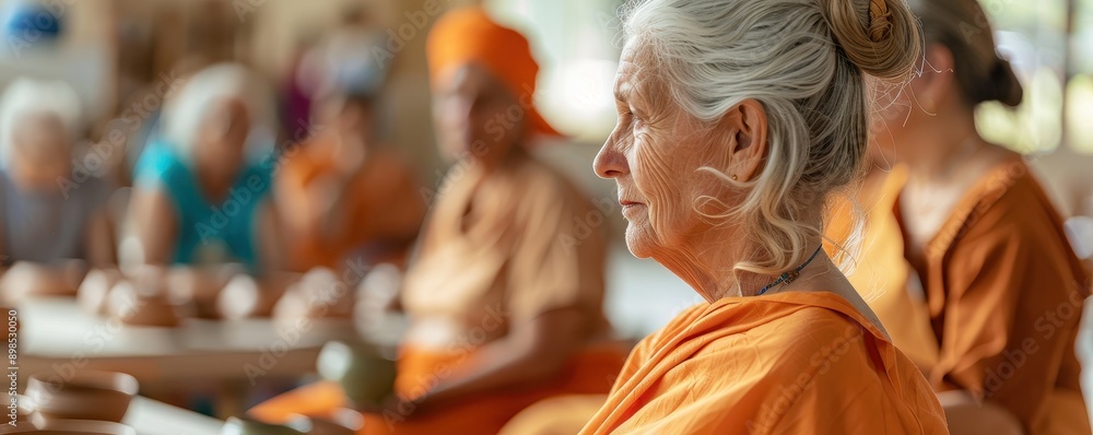 Serene Senior Woman in Indian Orange Attending Pottery Class - Creative Mental Health Practice for Wellness and Spirituality Serene Senior Woman in Indian Orange Attending Pottery Class - Creative Mental Health Practice for Wellness and Spirituality