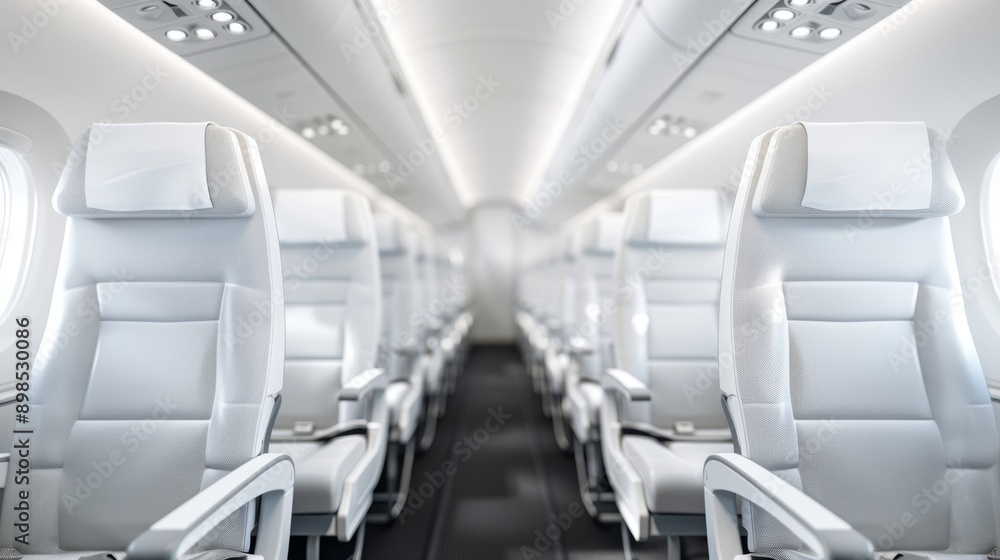 Obraz premium Luxurious Aerial Escape - Panoramic View of Modern Aircraft Interior with Spacious Seating and Seatback Screens, Perfect for Luxury Air Travel Advertising