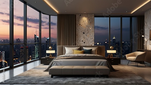 Modern style luxury interior with city view 3d render, There are terrazzo floor decorated wall with hidden light