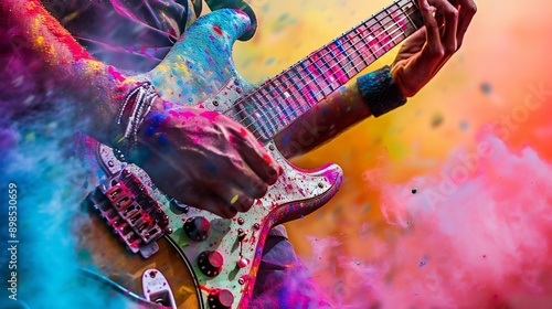 Playing Guitar in a Colorful Holi Festival