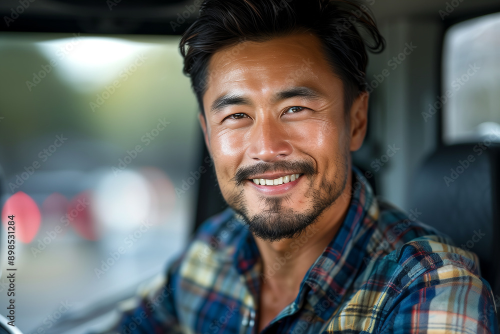 Asian man drives truck with confidence. Asian man drives truck with confidence.