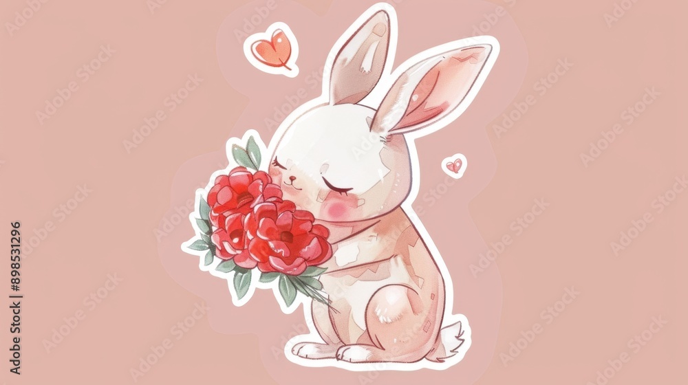 Cute cartoon bunny holding a bouquet of red flowers with hearts in a ...