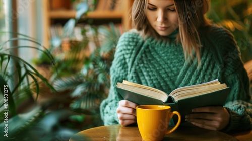 Woman Reading a Book in a Cafe