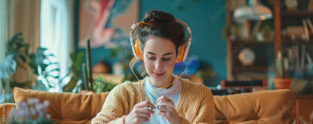 Serene Woman Knitting to Music with Radioactive Headphones, Creative Stress Relief Concept Serene Woman Knitting to Music with Radioactive Headphones, Creative Stress Relief Concept