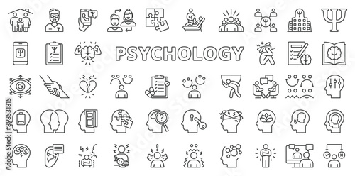 Psychology, in line design. Mental health, brain, mind, therapy, counseling, behavior on white background vector. Psychology editable stroke icons.