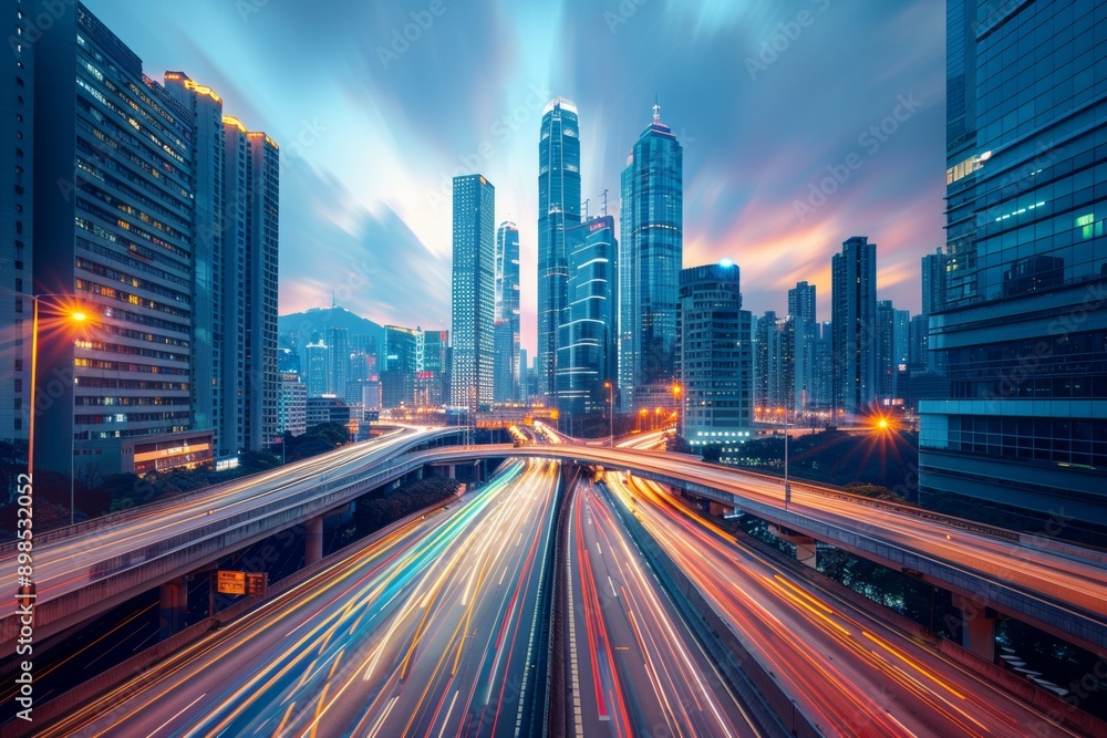 High speed light streaks on the highway in front of modern buildings with glass facades High speed light streaks on the highway in front of modern buildings with glass facades