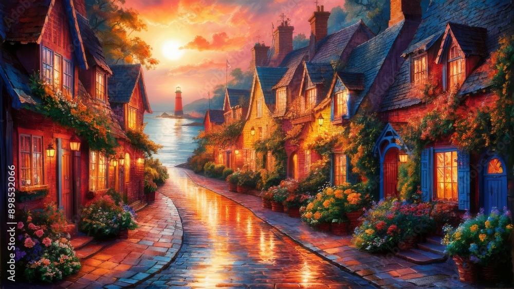 A captivating and vibrant painting of a charming coastal village A captivating and vibrant painting of a charming coastal village
