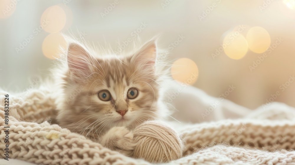 Cute Fluffy Kitten Playing with Yarn Ball on Cozy Knitted Blanket in Warm Sunlight with Bokeh Background, Perfect for Pet and Home Decor Themes, Adorable Kitten Portrait in Soft Pastel Tones Cute Fluffy Kitten Playing with Yarn Ball on Cozy Knitted Blanket in Warm Sunlight with Bokeh Background, Perfect for Pet and Home Decor Themes, Adorable Kitten Portrait in Soft Pastel Tones