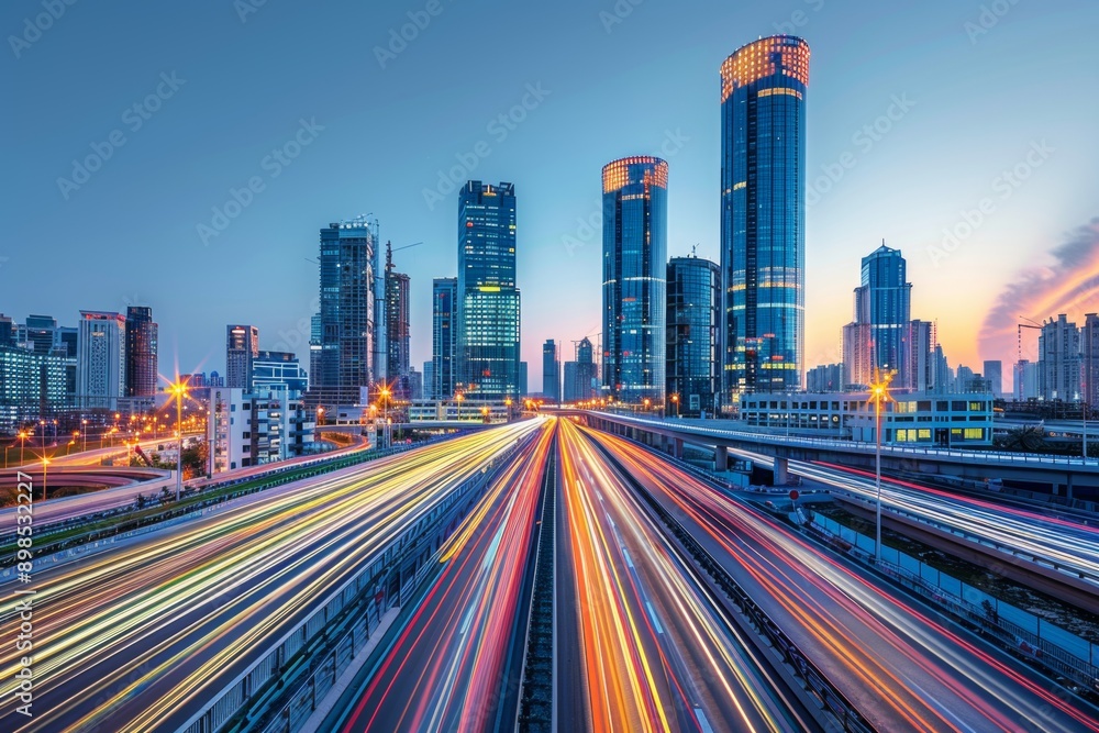 High speed light streaks on the highway in front of modern buildings with glass facades High speed light streaks on the highway in front of modern buildings with glass facades