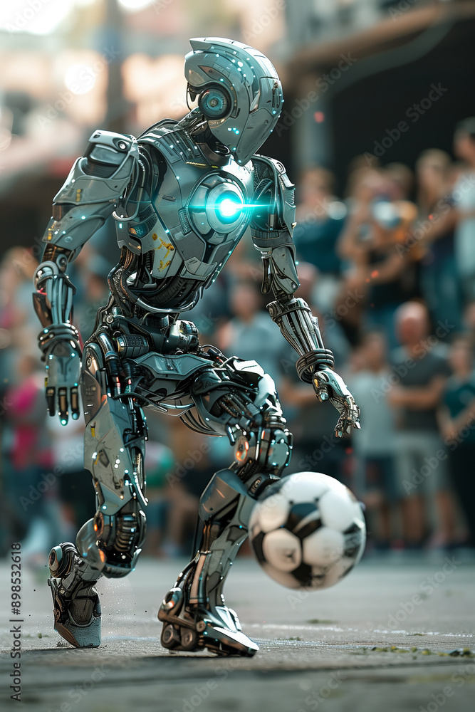 A robot is kneeling down on a soccer field and is about to kick a soccer ball A robot is kneeling down on a soccer field and is about to kick a soccer ball
