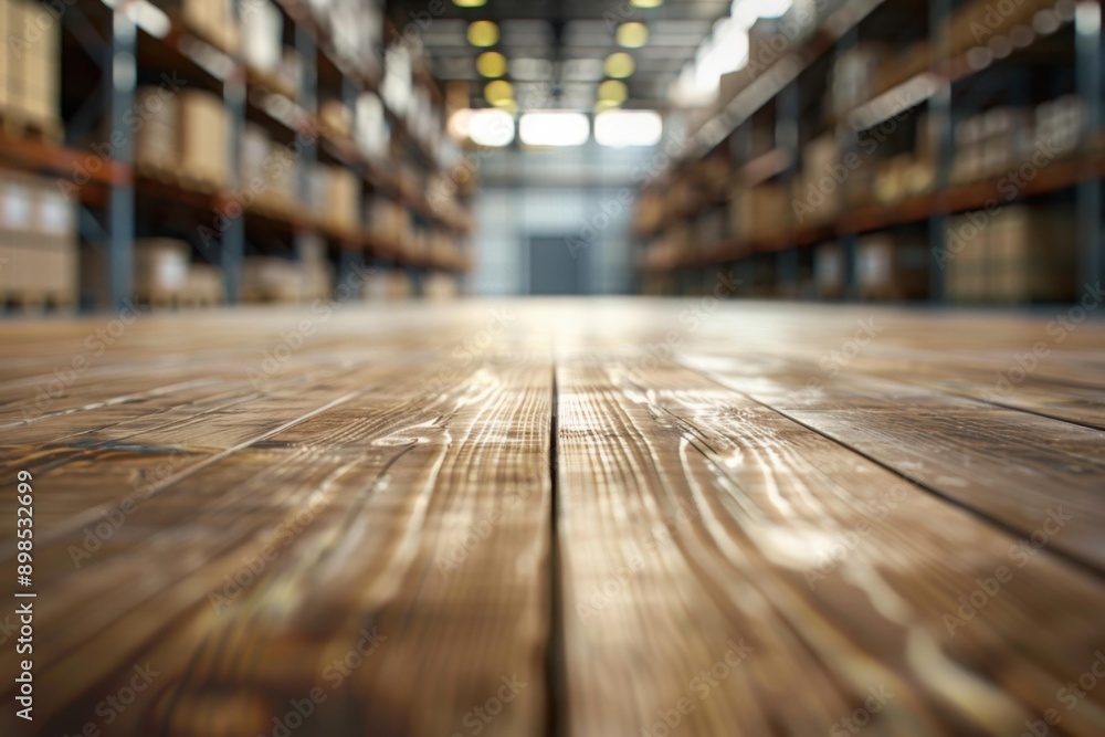 Rustic Wooden Floor in Warehouse with Blurred Shelves for Product Display Mockup Rustic Wooden Floor in Warehouse with Blurred Shelves for Product Display Mockup