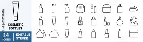 Cosmetic bottles web line icons. cosmetic, beauty, makeup, deodorant, lotion