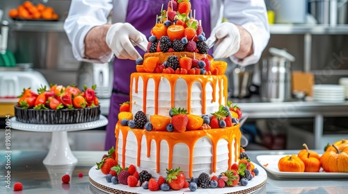 A skilled baker decorates a beautiful three-tier cake with pink frosting and fresh strawberries, showcasing culinary artistry. photo