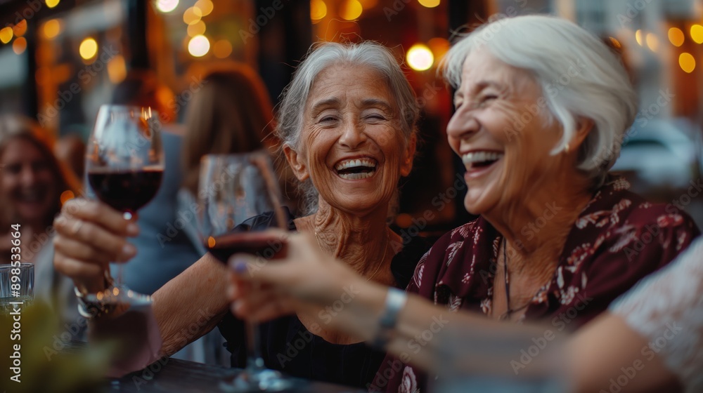 Happy senior women drinking red wine at bar restaurant, old ladies laughing have good time Happy senior women drinking red wine at bar restaurant, old ladies laughing have good time