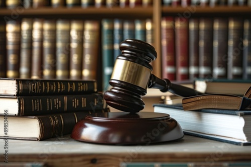 democracy law books and a judge gavel on desk in the library. concept of democracy education. photo