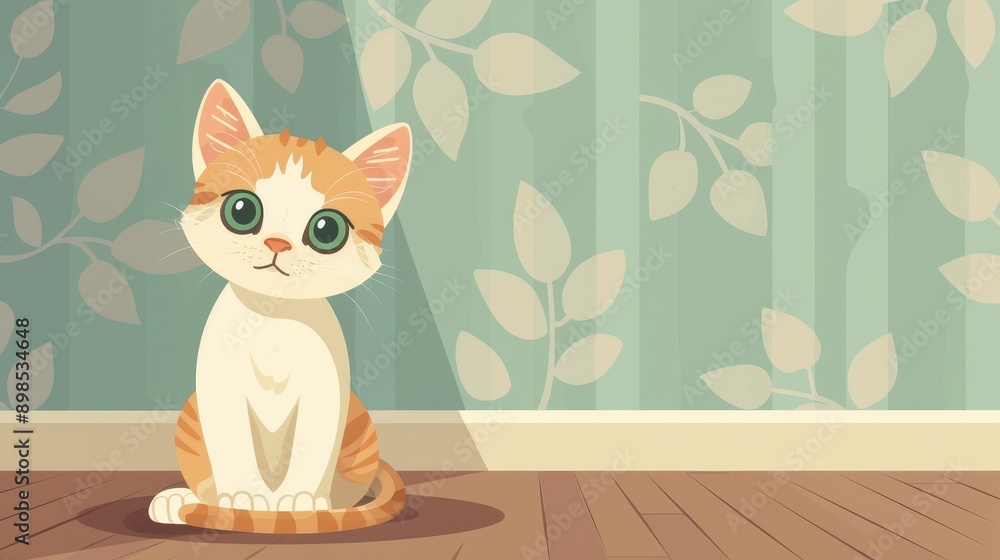 Fototapeta premium A cute orange and white kitten sits on a wooden floor with green wallpaper and white trim, a ray of light shining down on the cat. It's a perfect image for a pet website, a children's book, or a desig