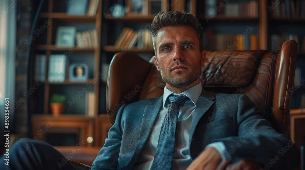 Successful middle-aged businessman in suit sits in his office. Looking straight into the camera Successful middle-aged businessman in suit sits in his office. Looking straight into the camera