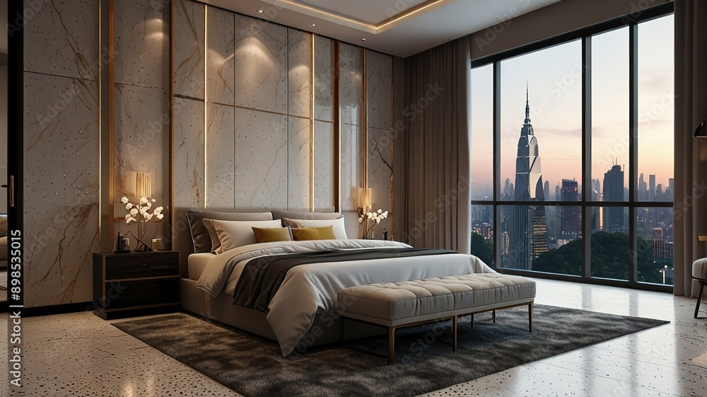 Modern style luxury interior with city view 3d render, There are terrazzo floor decorated wall with hidden light Modern style luxury interior with city view 3d render, There are terrazzo floor decorated wall with hidden light