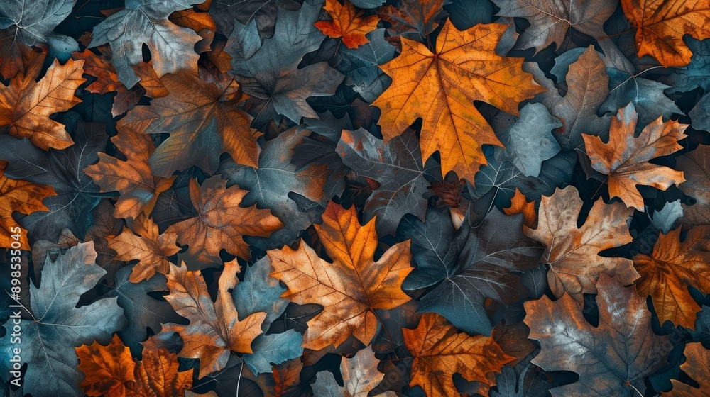 A close-up shot of fallen autumn leaves in various shades of orange, brown, and blue, representing change, beauty, and the passage of time. A close-up shot of fallen autumn leaves in various shades of orange, brown, and blue, representing change, beauty, and the passage of time.