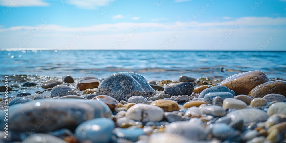Pebble rock beach with seascape in sunny summer day, peaceful coastal summer background Pebble rock beach with seascape in sunny summer day, peaceful coastal summer background