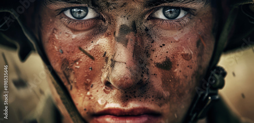 A close-up portrait of a soldier's face covered in mud and sweat, showcasing determination, resilience, and the harsh realities of war. The image conveys a sense of grit, courage, and the physical tol photo