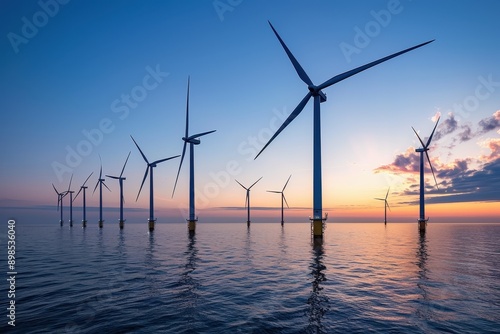 A panoramic shot of a row of offshore wind turbines stretching across the horizon at dusk.