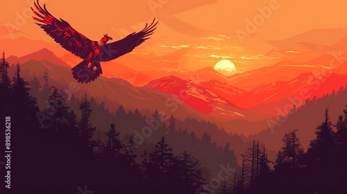 Silhouette of an Eagle Against a Dramatic Sunset Over Mountains photo