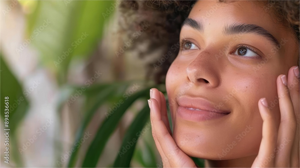 Woman with glowing complexion using eco-conscious skincare products, Glowing Skin, Eco-Friendly Skincare, Natural Beauty Woman with glowing complexion using eco-conscious skincare products, Glowing Skin, Eco-Friendly Skincare, Natural Beauty