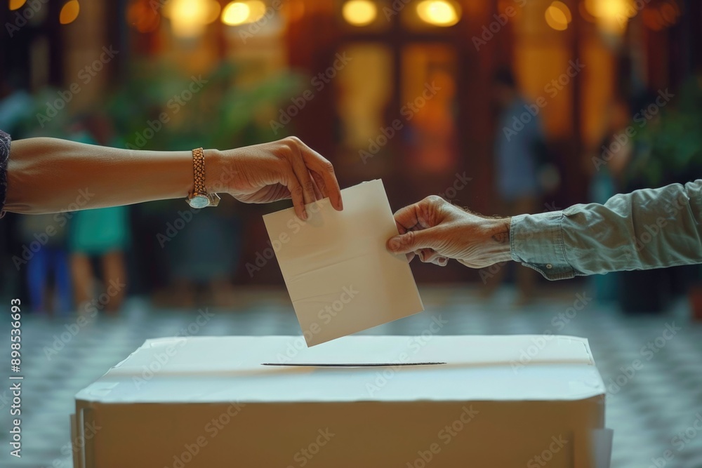 Voting at a polling station casting a ballot by hand. Voting at a polling station casting a ballot by hand.