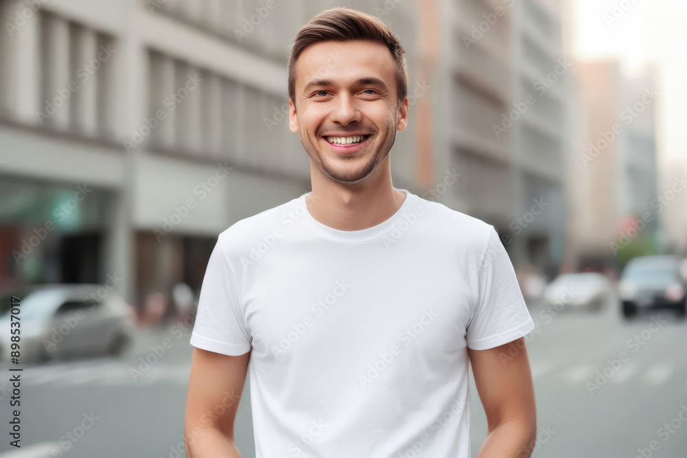 portrait of a smiling man wearing blank white t-shirt mockup on blurred morning city background portrait of a smiling man wearing blank white t-shirt mockup on blurred morning city background