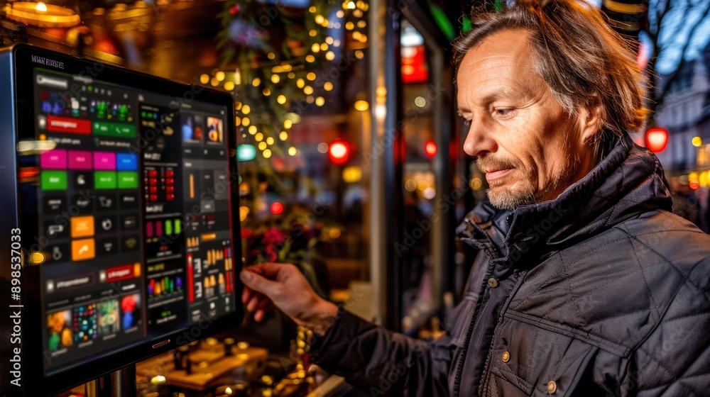 A focused man interacts with a vibrant digital display in a lively market setting, showcasing technology and engagement. A focused man interacts with a vibrant digital display in a lively market setting, showcasing technology and engagement.