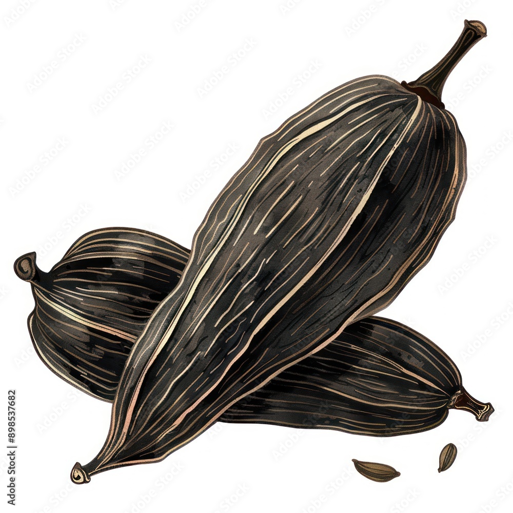 23. A black cardamom pod clipart, spice element, detailed illustration ...