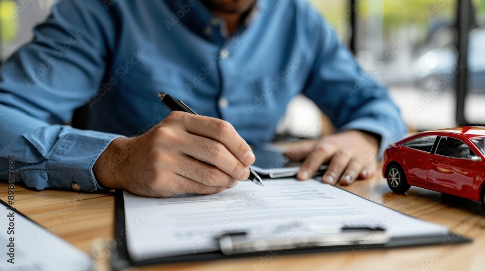 Man signing car insurance contract with red toy car model on the table Man signing car insurance contract with red toy car model on the table
