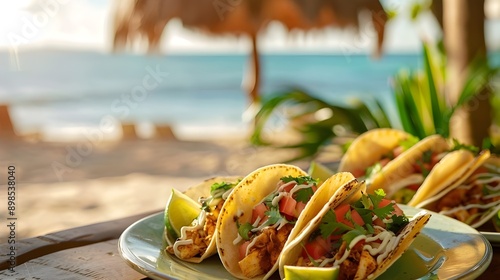 Chicken Tacos on Plate with Beach Background.
