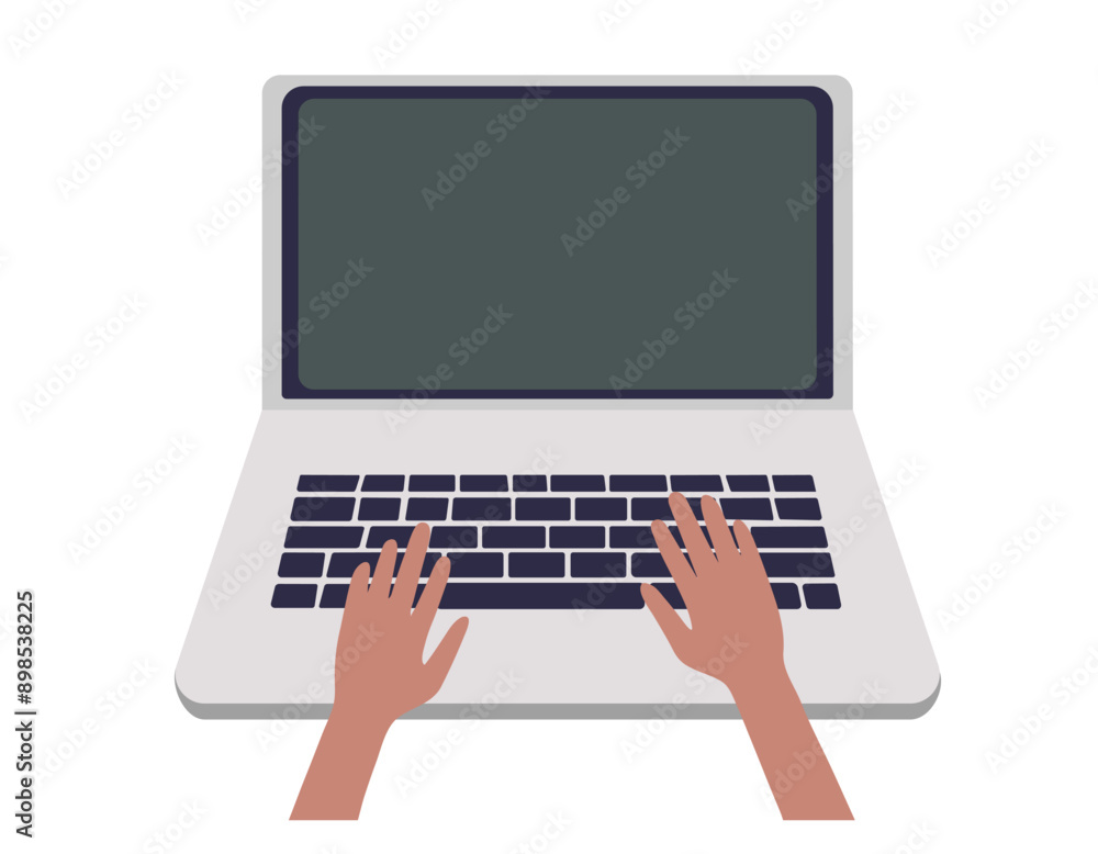 Hands in work at laptop keyboard. Blank laptop screen. Flat illustration Hands in work at laptop keyboard. Blank laptop screen. Flat illustration