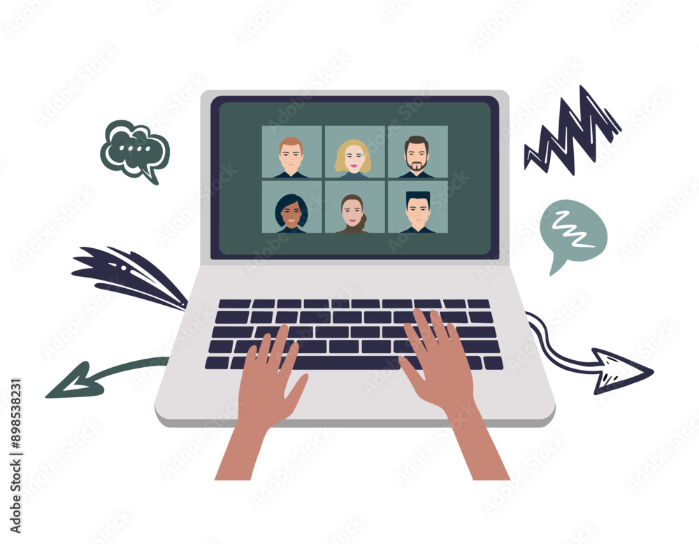 Hands in work at laptop keyboard. Laptop screen with faces of chat participants. Speech bubble. Flat illustration Hands in work at laptop keyboard. Laptop screen with faces of chat participants. Speech bubble. Flat illustration