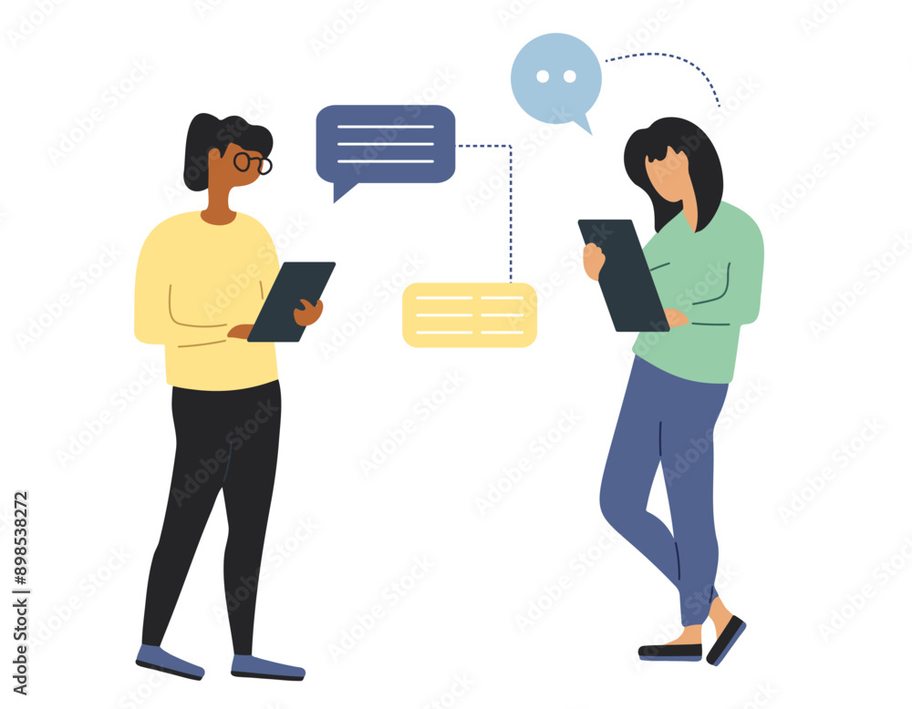 Two girls work together and discuss their tasks in front of their gadgets. Flat style vector illustration. Business people. Two girls work together and discuss their tasks in front of their gadgets. Flat style vector illustration. Business people.