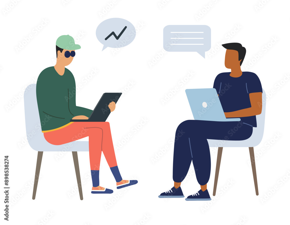 Two men work together and discuss their tasks in front of their computers. Flat style vector illustration. Business people. Two men work together and discuss their tasks in front of their computers. Flat style vector illustration. Business people.