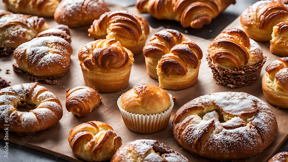 Variety of Freshly Baked Pastries and Croissants on Wooden Board Variety of Freshly Baked Pastries and Croissants on Wooden Board