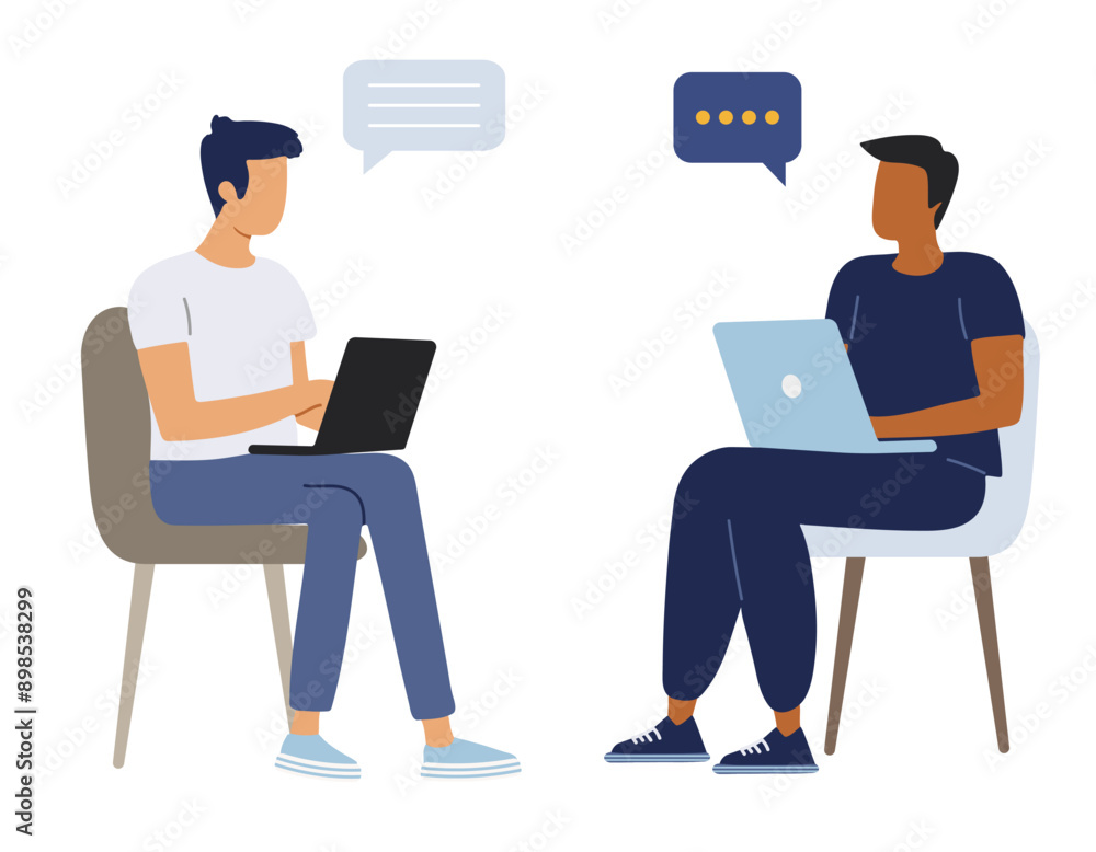 Two men work together and discuss their tasks in front of their computers. Flat style vector illustration. Business people. Two men work together and discuss their tasks in front of their computers. Flat style vector illustration. Business people.