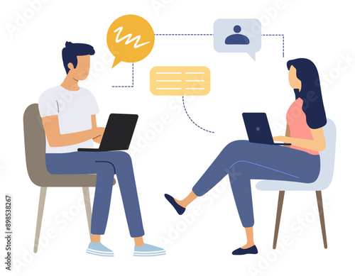 Two people work together and discuss their tasks in front of their computers. Flat style vector illustration. Business people.