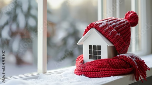 Small White House Wrapped in a Red Knit Hat and Scarf Against a Snowy Window Background