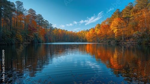 Autumn Reflection: A Tranquil Lake Nestled in a Forest of Vibrant Colors photo