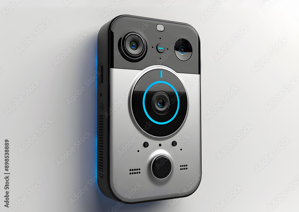 View of a Digital Doorbell Camera on a white background View of a Digital Doorbell Camera on a white background
