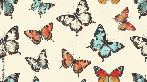 A seamless pattern of colorful butterflies in various poses on a light cream background