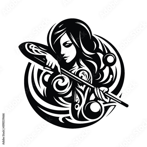 Billiards, Snooker  female player in ethnic tribal pattern illustration, emblem shield badge